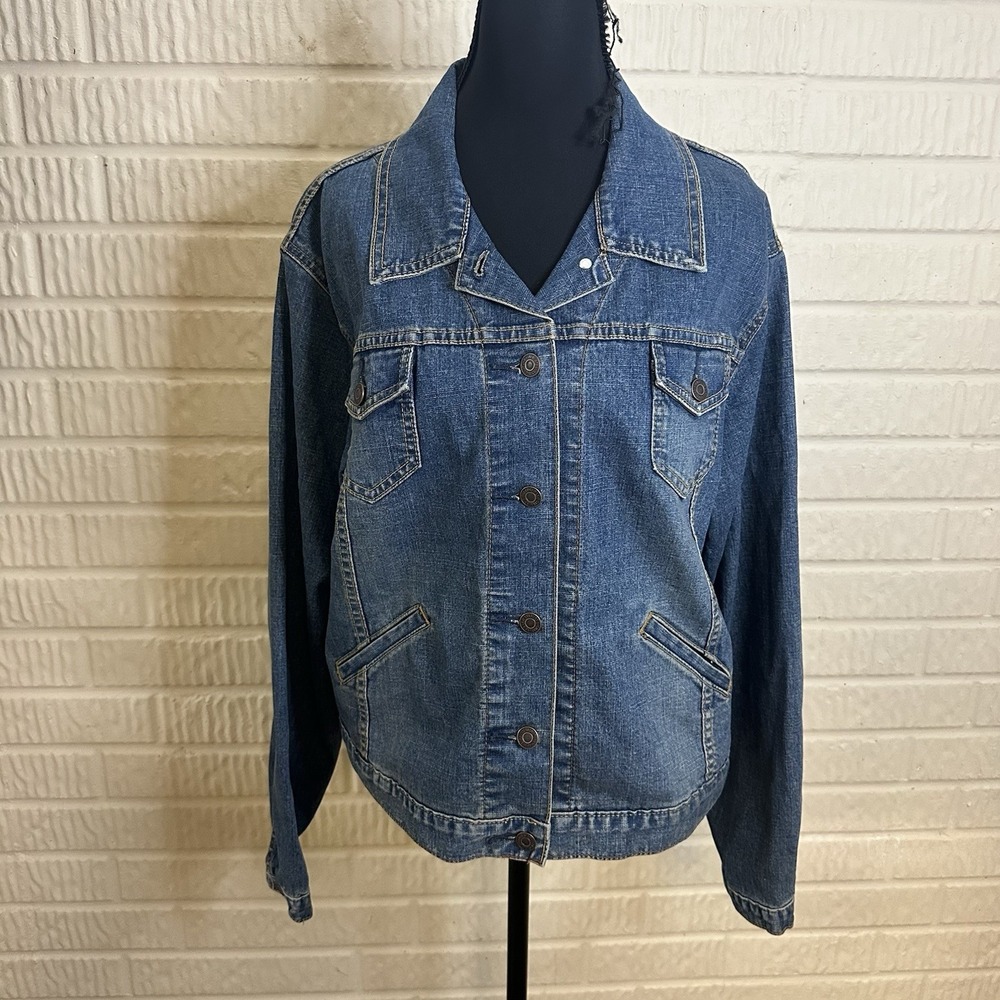 Levi Strauss Distressed Trucker Jean‎ Denim Blue Womens Stretch Coat Jacket L